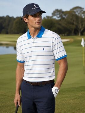 Polo Ralph Lauren Golf White & Blue Stripe Pima Cotton Stretch Polo Shirt